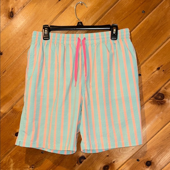 Mens Chubbies seersucker Orange & green striped 5.5” swim shorts
